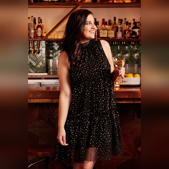 NWT POPSUGAR “Lucky Star” Black Metallic Gold Stars Keyhole Back Dress Medium - Picture 14 of 17